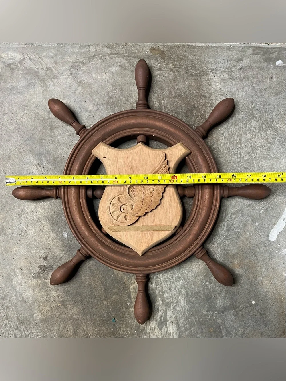 Wooden Ship Wheel Wall Decor with Carved Shield Accent (Dark)